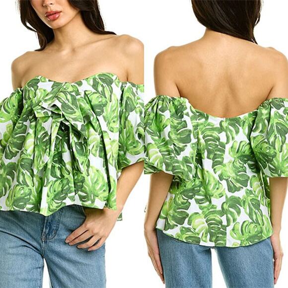 NWT Caroline Constas Reyna Off The Shoulder Green Palm Leaf Puff Sleeve Top - Picture 1 of 8